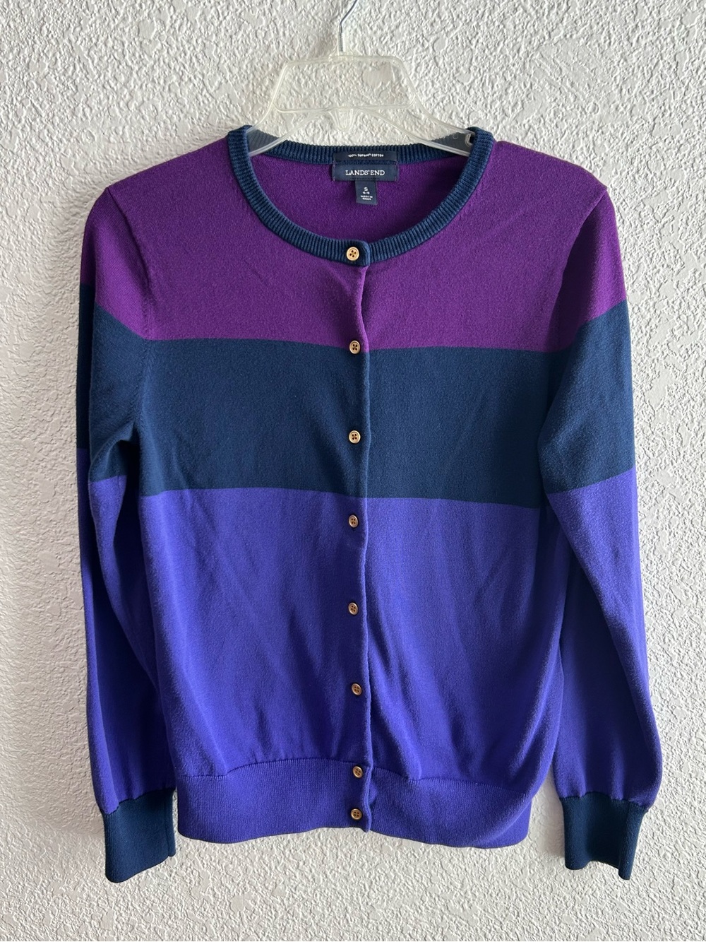 Lands’ End 100% Supima Cotton Cardigan Sweater Purple Navy Colorblock S